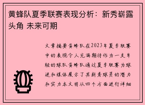黄蜂队夏季联赛表现分析:新秀崭露头角 未来可期